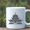 A detailed 2D representation of a traditional Buddhist temple architecture.