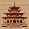 A detailed illustration of a traditional Buddhist temple structure with intricate architecture and ornate details.