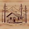 A vector graphic representation of a cozy mountain retreat cabin featuring multiple rooms and exterior details.