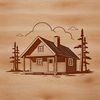 An SVG graphic representation of a rustic wooden cabin with details suitable for digital cutting and laser engraving.