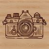 A digital camera illustration with details of lenses and buttons.