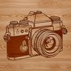 A digital camera with lens and shutter, designed as a vector graphic.