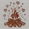 A stylized illustration of a camp fire with love hearts surrounding the flames.