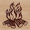 A realistic illustration of a camp fire in the outdoors, flames burning brightly surrounded by nature.