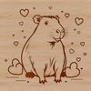 A detailed illustration of a capybara, a large rodent native to South America, featuring red heart accents.