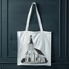 A simple illustration of a traditional Catholic church with a large steeple and ornate details.
