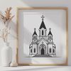 A detailed illustration of a traditional Catholic church building with stone façade and steeple.