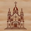 Steepled Sanctuary SVG Graphic Design A detailed vector illustration of a traditional Catholic church with steeply pitched roof and tall spire.