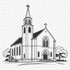 Stained Glass Church Icon Design A stylized illustration of a traditional Catholic church building with arches and stained glass windows.
