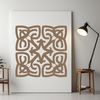 A stylized illustration of a Celtic knot pattern with intricate details and ornate embellishments.