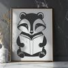 A wild badger sitting on the ground with a book in its paws.