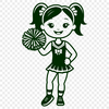 A young female cheerleader in a uniform, posing with a confident expression.
