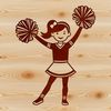 A young girl in a colorful cheerleading outfit standing on the sidelines, waving pom-poms.