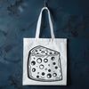 A simple design of a wedge-shaped cheese made up of bold lines and geometric shapes.