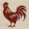 Whimsical White Cockerel in a Rural Setting A white rooster standing on a farm yard surrounded by trees.