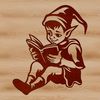 Festive Holiday Elf Silhouette A small Christmas elf sitting on a snowy toadstool, reading a book with a festive holiday background.