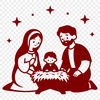 A traditional Christmas scene featuring the Holy Family and angels in a simplified vector design.