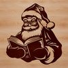 A illustration of a jolly Father Christmas sitting in a chair reading a book with a festive holiday background.