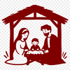 A traditional illustration of the Holy Family in a manger scene, suitable for Christmas decorations or holiday projects.