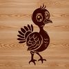 A cartoon turkey standing on a farm landscape.