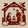 A traditional Nativity scene featuring Mary, Joseph, and the newborn Jesus in a rustic setting.