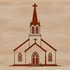 A simple design of a Baptist church exterior with a steepled roof and Gothic arches, suitable for vector art projects.