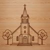 A 2D vector illustration of a traditional church building with a steepled roof and arched windows.