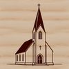 A simple outline illustration of a church building with a single spire.
