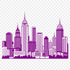 A digital illustration of a city skyline at sunset, featuring modern skyscrapers and bustling streets.