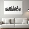 A stylized illustration of a city skyline with skyscrapers and buildings.