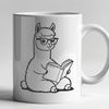 Happy Alpaca Reading Scene A cartoon illustration of a happy alpaca holding a book and sitting on a grassy hill.