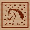 A stylized illustration of a horse adorned with love hearts.