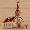 A simple 2D illustration of a traditional church building with architectural details.
