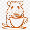 Furry Friend on a Coffee Break A cute, furry hamster sitting on a table next to a coffee cup.