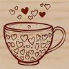 A ceramic-style coffee cup designed with a stylized pattern of love hearts.