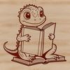 A reptile character reading a book in a relaxed pose.