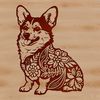 A cartoon corgi sitting on its haunches with ornate floral patterns surrounding it.