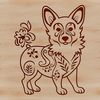 A standing Welsh Corgi breed dog with ornate floral patterns in its fur.