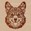 A stylized illustration of a corgi's head with ornate details.