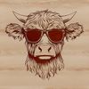 Colorful cow illustration with sunglasses A stylized illustration of a Highland cow wearing sunglasses standing on a green pasture.