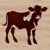 A simple illustration of a young calf standing in a green pasture.