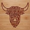 Distinctive Highland Cow Head Illustration A close-up illustration of a Highland cow's head with distinctive horns and coat pattern.