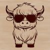 Adorable Scottish Highlander A Scottish Highland cow standing in a green pasture, wearing sunglasses for a humorous effect.