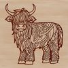 A detailed illustration of a Scottish Highland cow standing in a rural landscape.