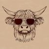 Adorable Highland Cow Portrait with Cool Shades Close-up of a Highland cow's head with trendy shades, suitable for farm-themed designs.