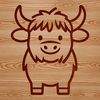 Farm Fresh Highland Cow Illustration An illustration of a standing Highland cow in a rural landscape.