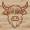 Beautiful Highland Cattle Head SVG Design A close-up illustration of a Highland Cow's head, with distinctive horns and facial features.