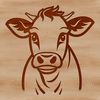 Farm Animal Illustration - Cow Head Graphic A black and white illustration of a cow's head with details on its face and ears.