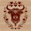 Heartwarming Highland Farm Friend A Highland cow with heart symbols on its head, suitable as a farm animal illustration.