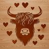 Love Heart Highland Cow Farm Animal A Highland Cow with love hearts on its head, typical farm animal in a countryside setting.
